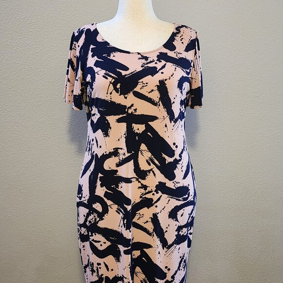 Clara Sun Woo Back Keyhole Dress, Coral and Navy Splash Stroke Pattern, Large - Picture 1 of 5